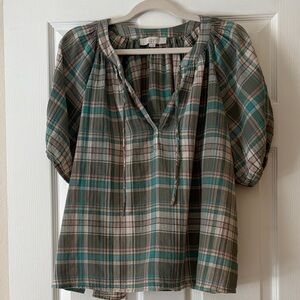 LOFT Plaid Peasant Blouse in Olive and Teal